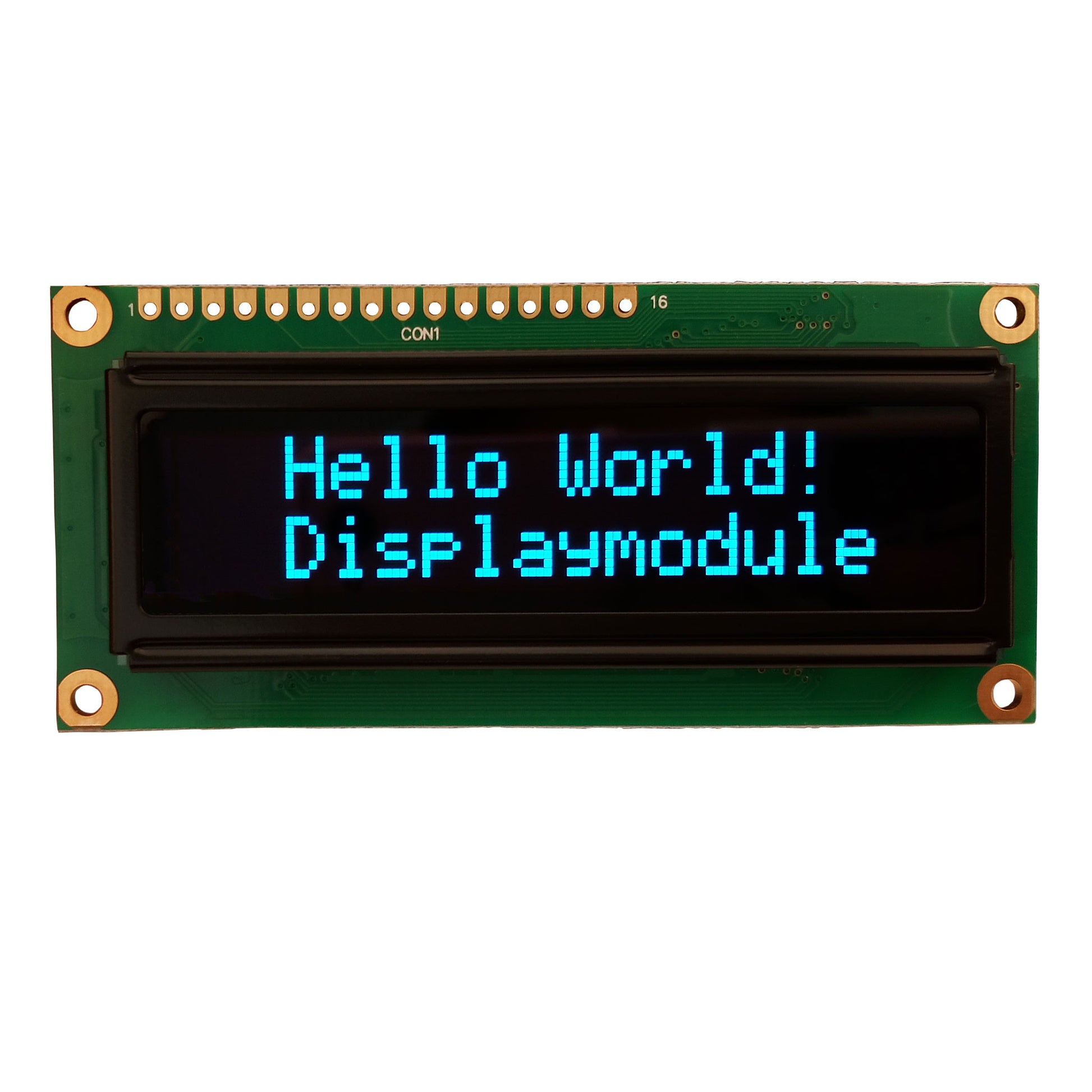 16x2 OLED character display module showing "Hello World! Displaymodule" with MCU, SPI, and I2C interfaces