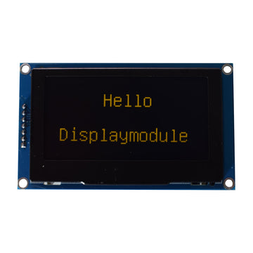 2.7-inch monochrome OLED screen displaying the characters 'Hello Displaymodule'